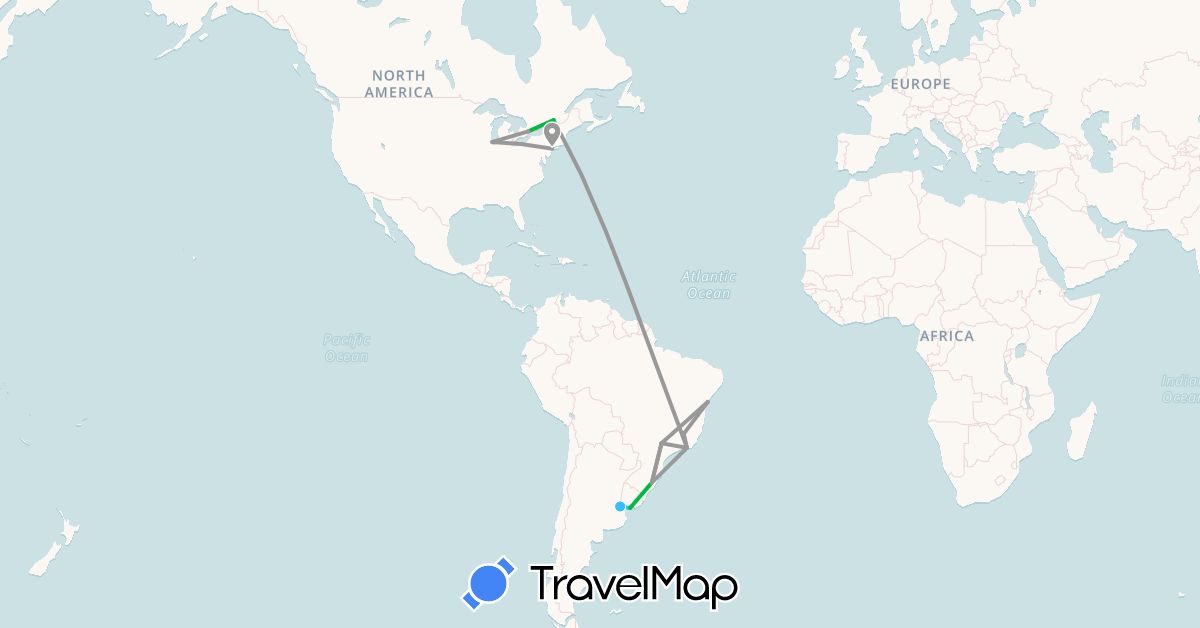 TravelMap itinerary: driving, bus, plane, boat in Argentina, Brazil, Canada, United States, Uruguay (North America, South America)